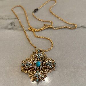 Elegant Gold and Blue Pendant Necklace by Miss Ellie NYC
